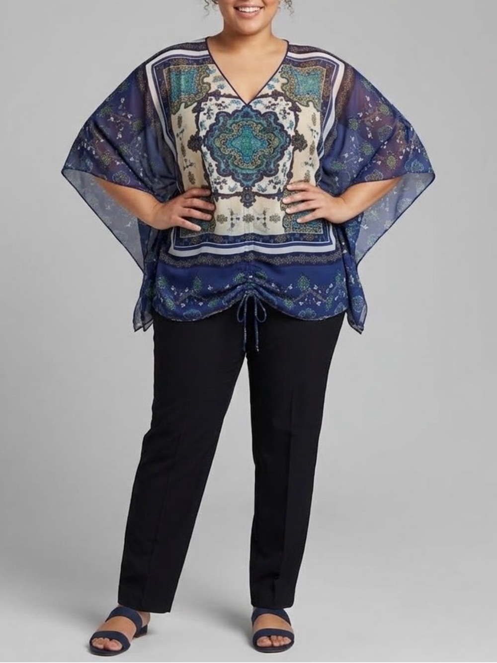 Hannah Woman 1X Blue Paisley Beaded Sheer Chiffon Poncho Kaftan Cinch Blouse